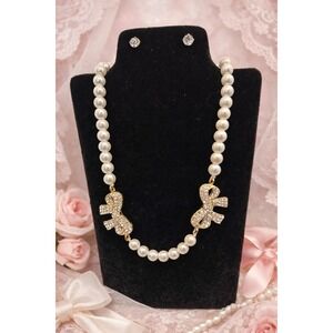 Sugarfix Pearl Bow Necklace 19" Coquette Balletcore Rhinestone Feminine + Studs